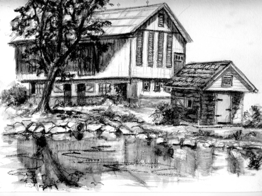 water-soluble graphite barn and springhouse sketch