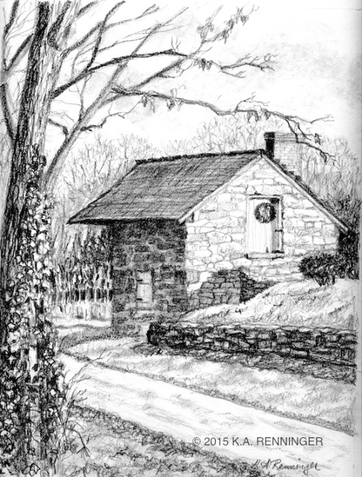 Graphite sketch of Smokehouse at Renfrew Museum